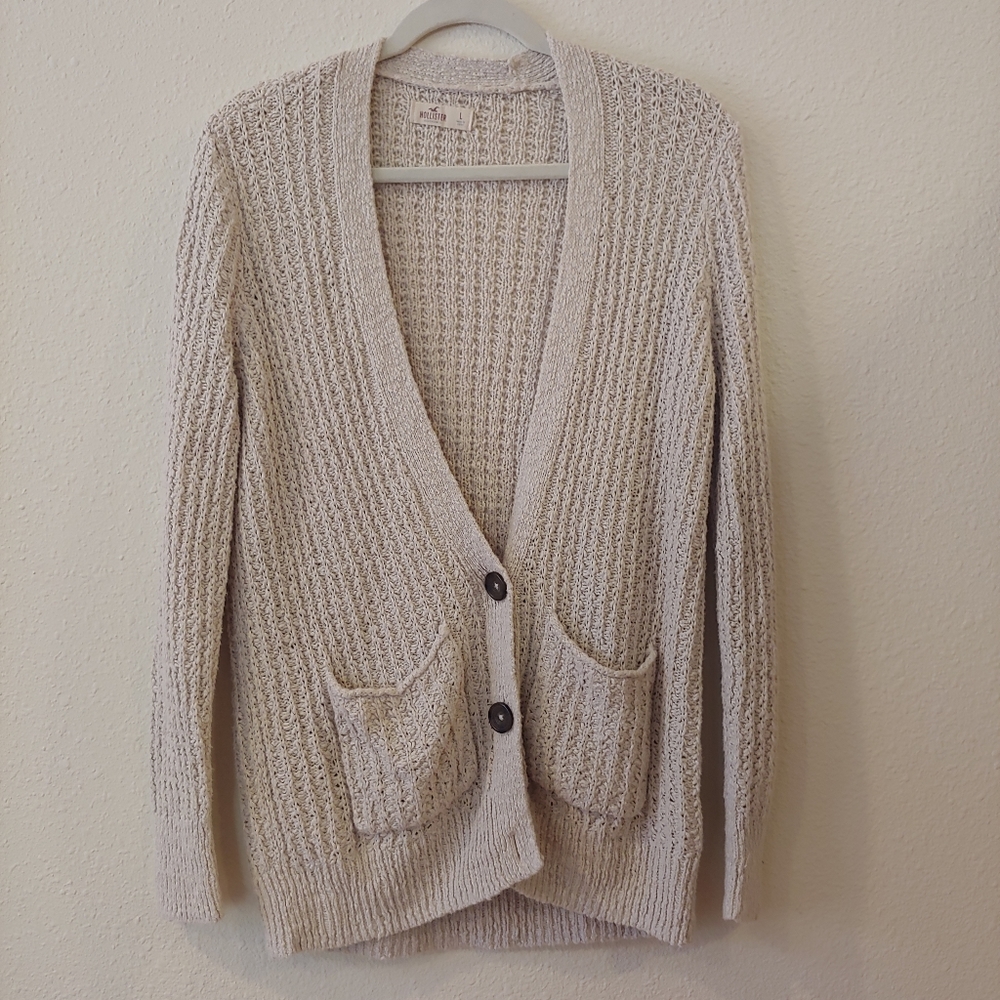 Tan Knit Cardigan Sweater Button Pockets Hollister